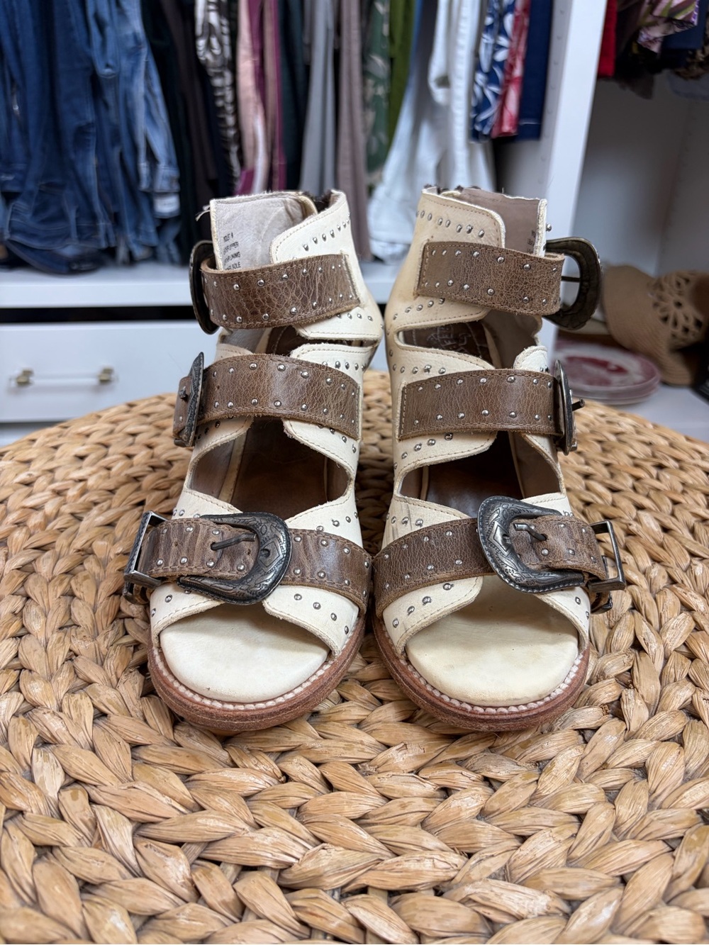 Freebird by Steven Cream and Brown Studded Buckle Wedge Sandals